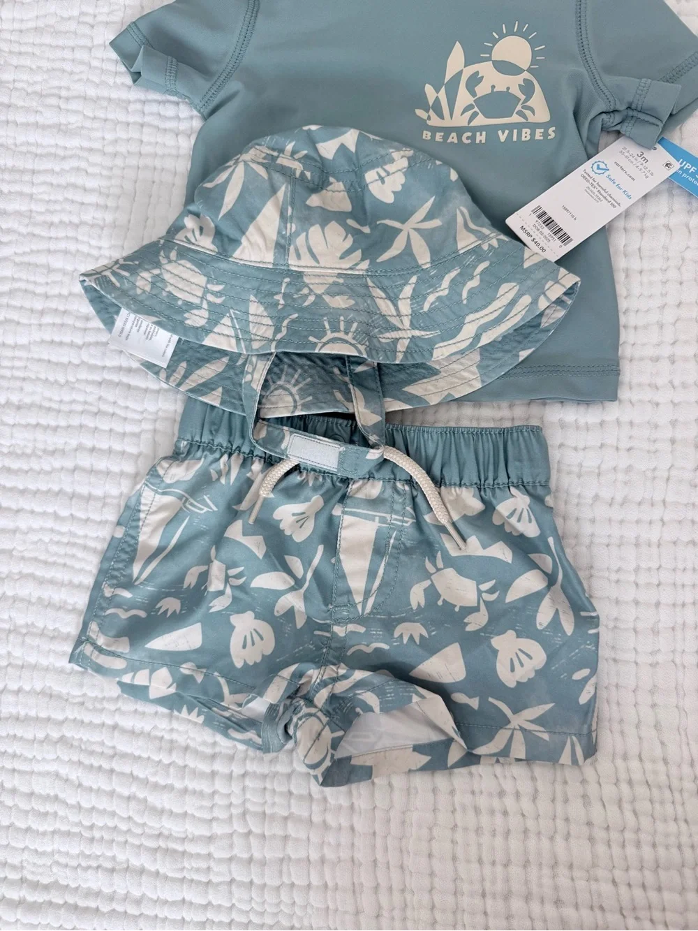 Carter's Dusty Blue Kids' Rashguard Set with Floral Hat & Shorts